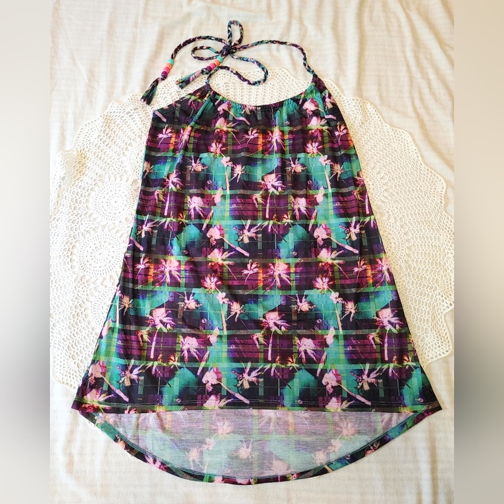 OP Plaid/Tropical Print Halter Beach Coverup 100% Polyester Size Small